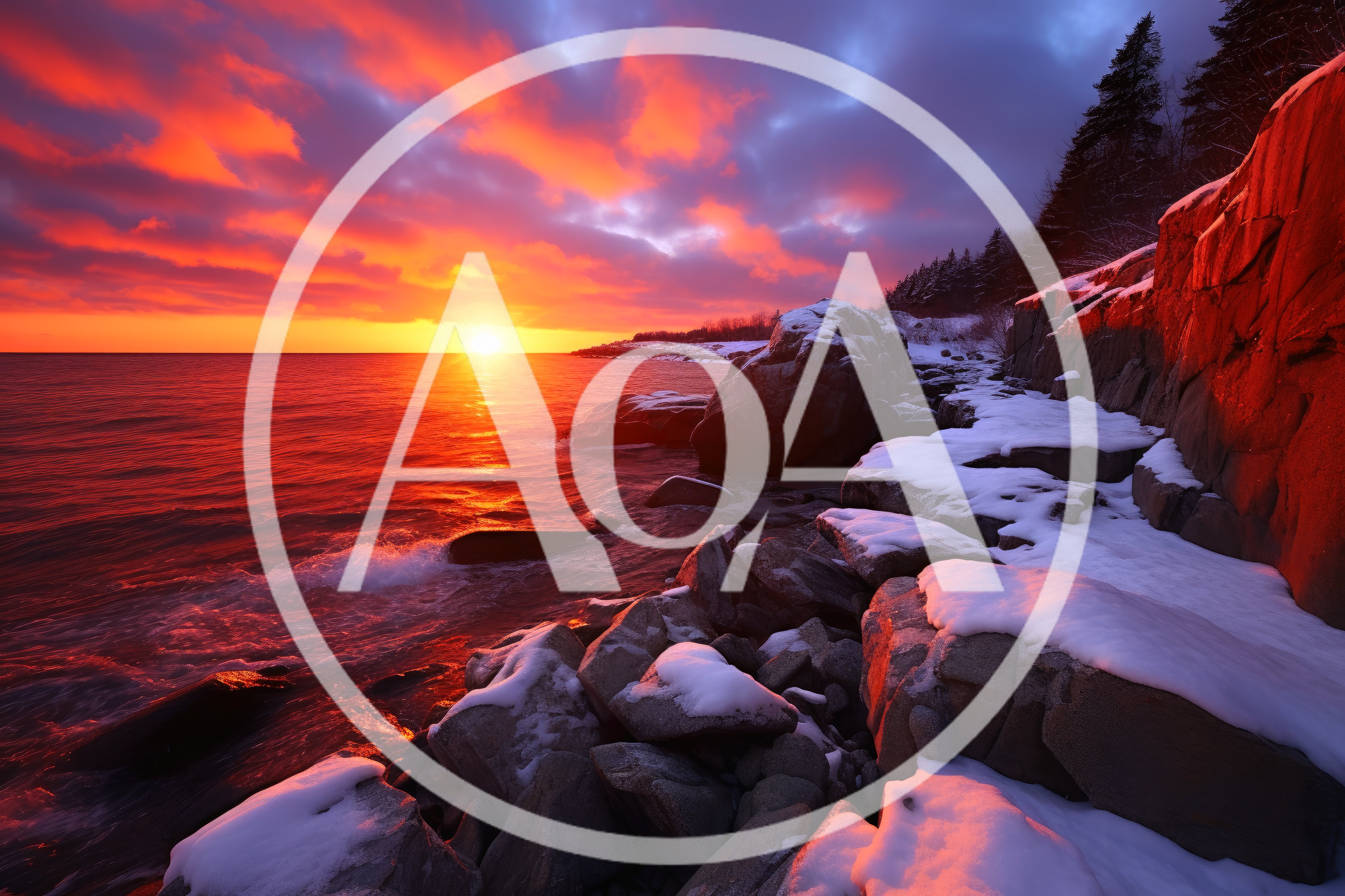 Vibrant Winter Sunset Over Snowy Rocky Coastline