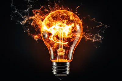 Burning Light Bulb With Intense Fire And Smoke