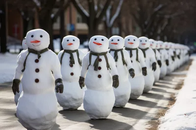 Line Of Anthropomorphic Snowmen Walking Down A Snowy Path