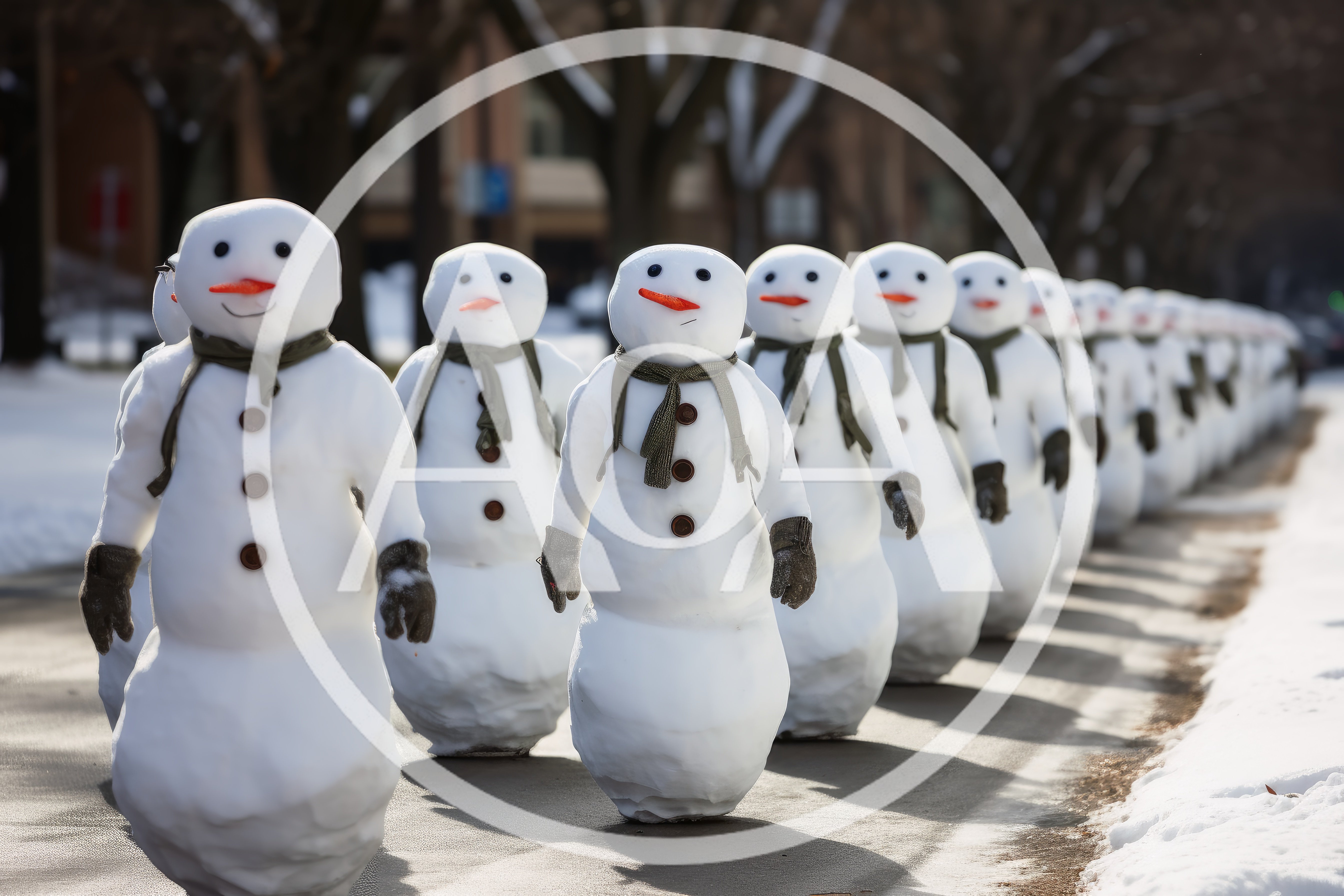 Line Of Anthropomorphic Snowmen Walking Down A Snowy Path