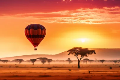 Hot Air Balloon Flying Over African Savanna At Sunrise