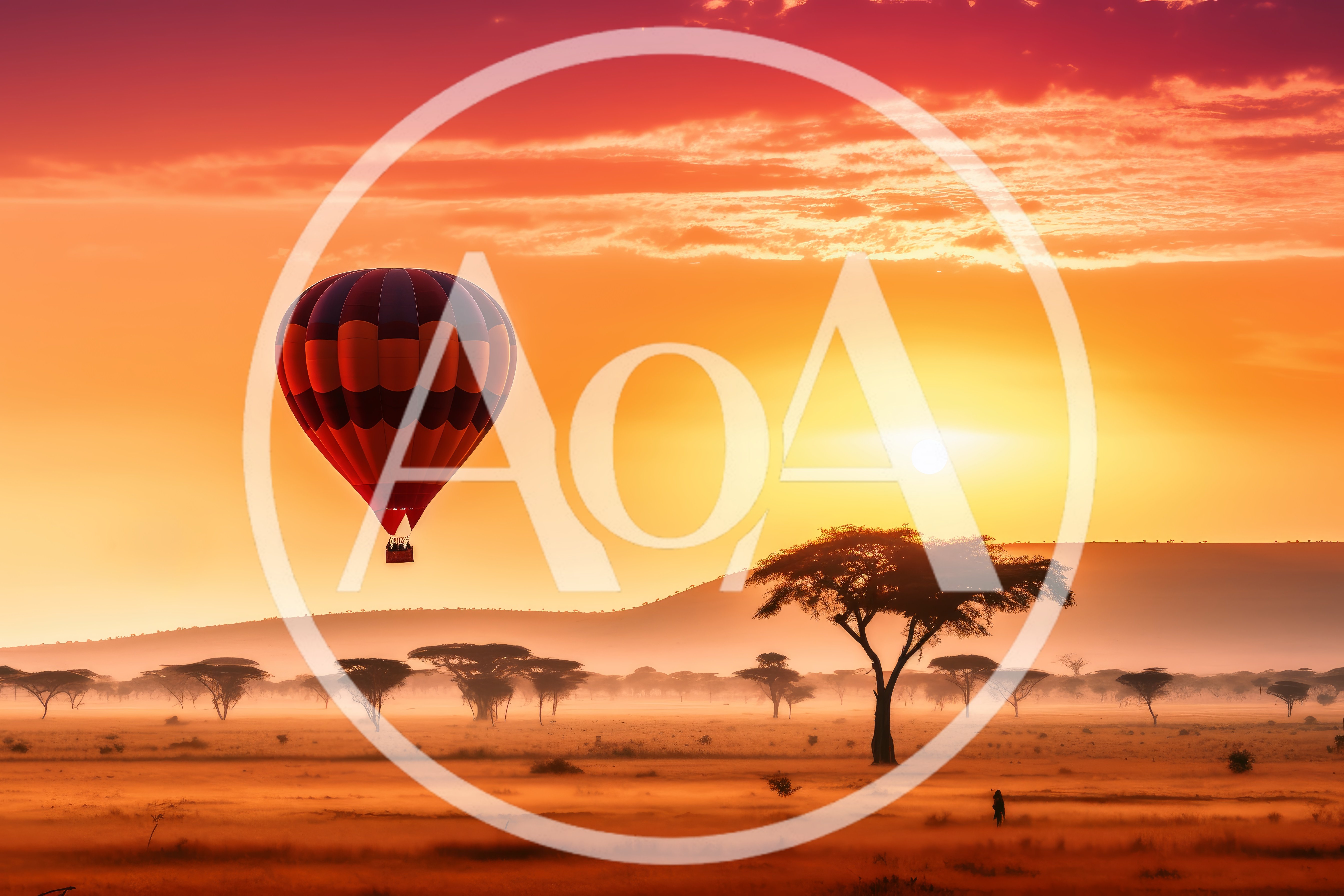 Hot Air Balloon Flying Over African Savanna At Sunrise