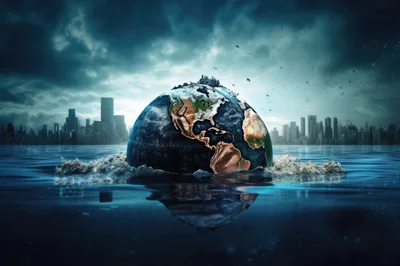 Earth Globe Partially Submerged In Rising Ocean Waters