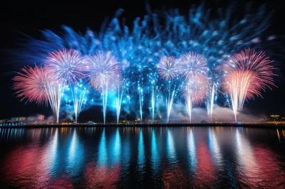 Vibrant Fireworks Display Over Calm Waterfront