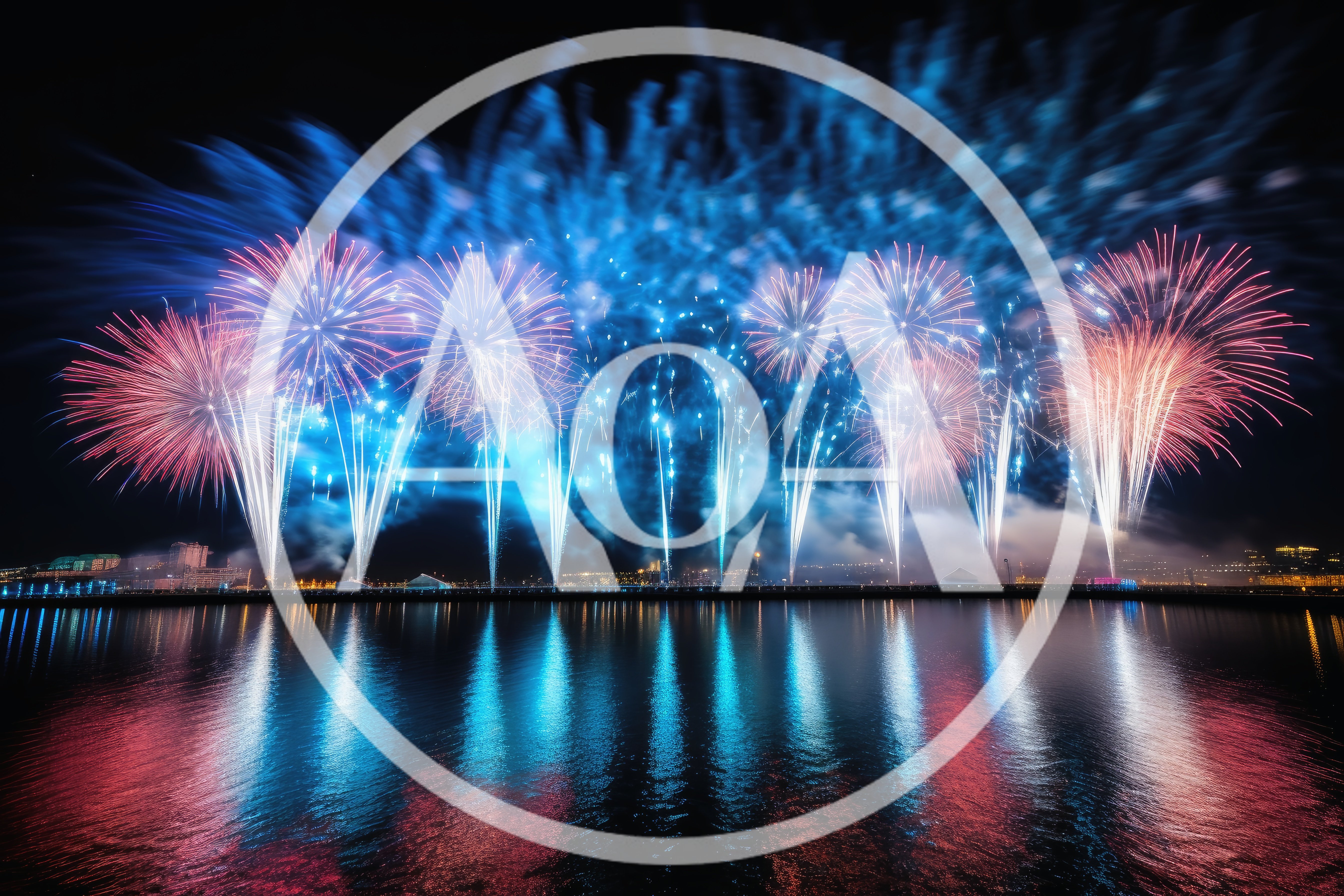 Vibrant Fireworks Display Over Calm Waterfront