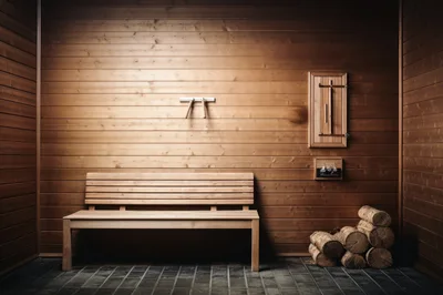 Empty Wooden Sauna Room With Bench And Firewood
