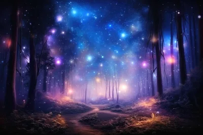 Enchanted Forest Path Under A Glowing Starry Sky