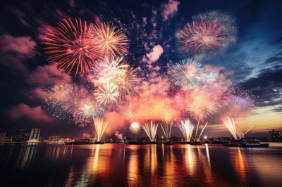 Vibrant Fireworks Display Over A City Waterfront