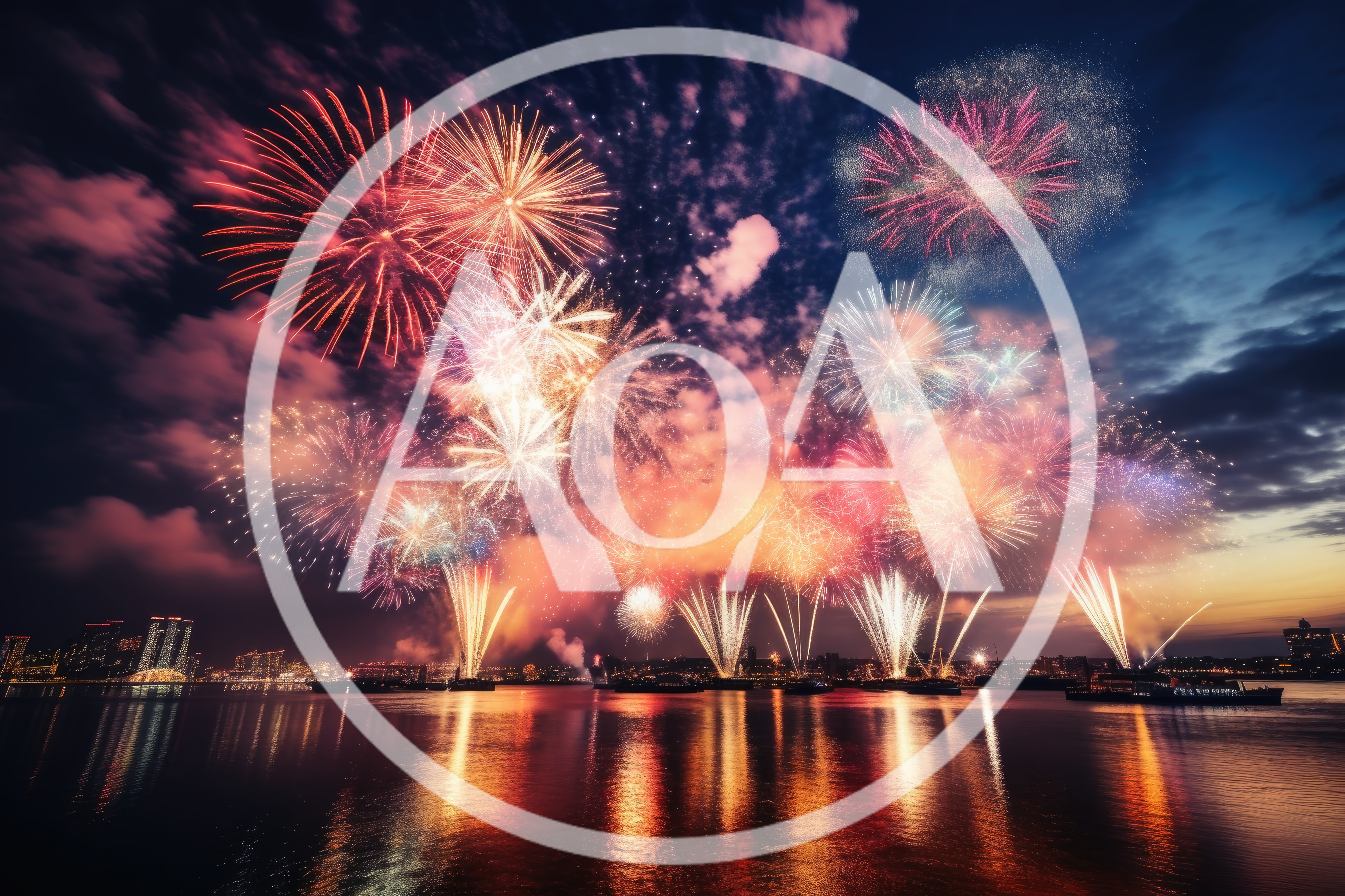 Vibrant Fireworks Display Over A City Waterfront