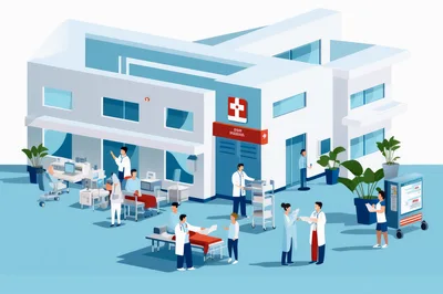 Isometric Illustration Of A Busy Modern Hospital Interior