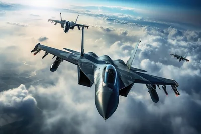 Three Fighter Jets Flying In Formation Above Clouds