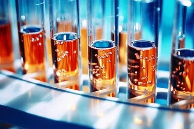 Laboratory Test Tubes Filled With Amber Liquid