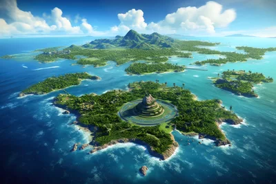 Aerial View Of Tropical Island With Ancient Stone Structure