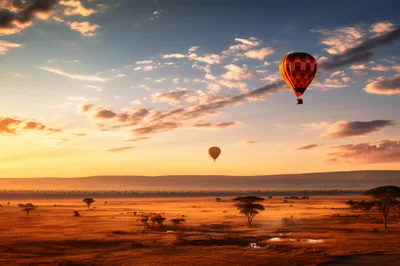 Hot Air Balloons Over The African Savannah At Sunrise