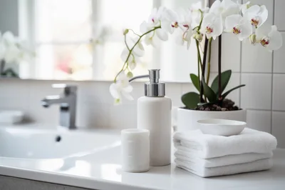 White Bathroom Vanity With Orchid And Towels