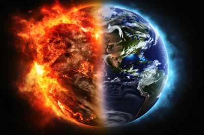 Conceptual Split Earth With Fire And Ice Hemispheres