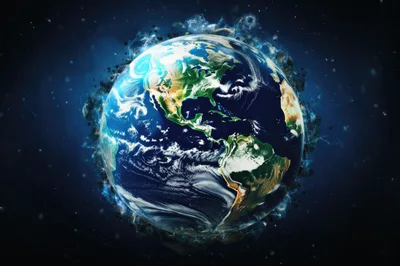 Earth Planet Surrounded By Floating Space Debris