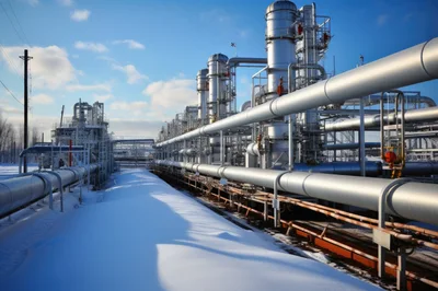 Industrial Oil Refinery Infrastructure In Snowy Winter Landscape