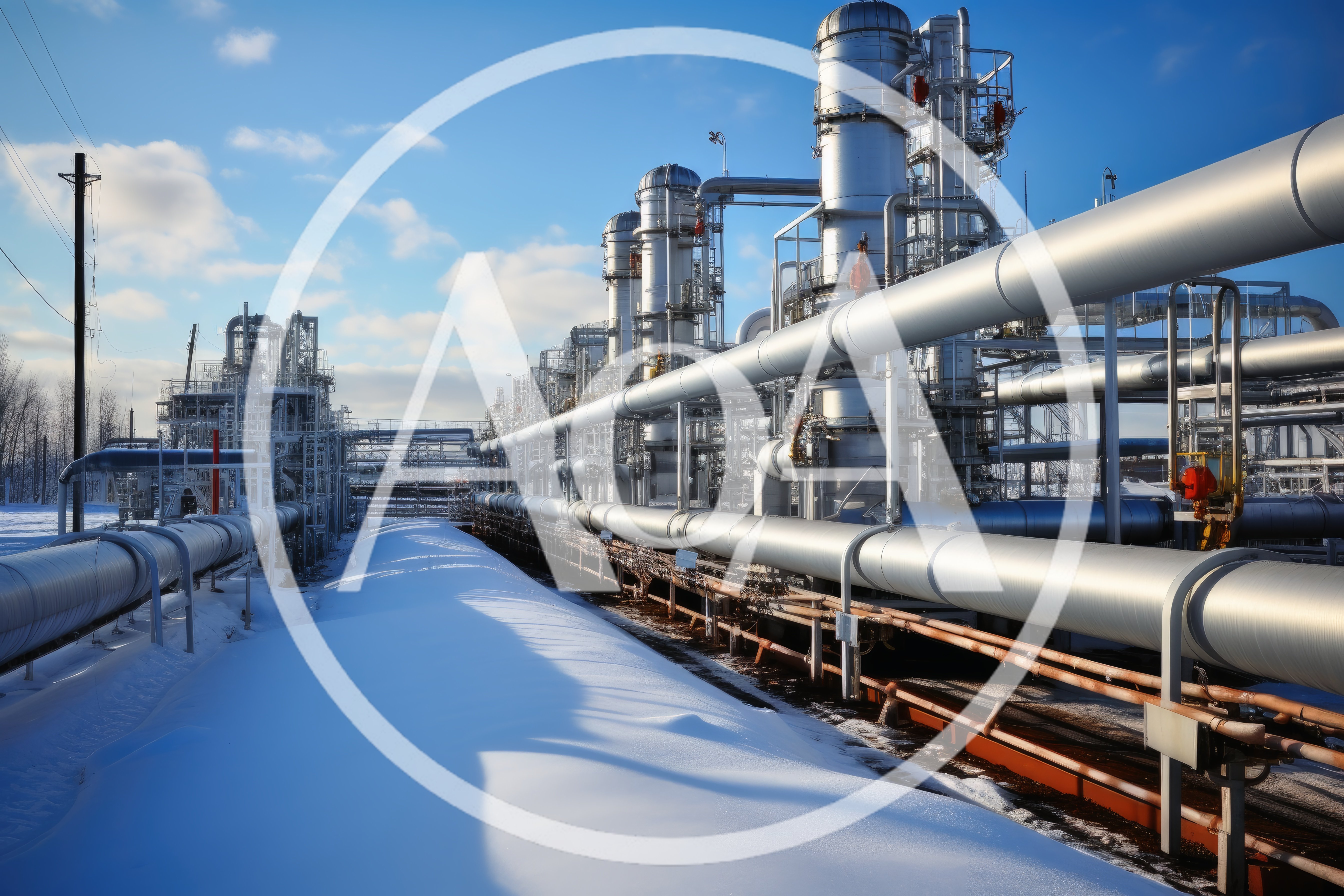 Industrial Oil Refinery Infrastructure In Snowy Winter Landscape