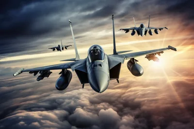 Three F-15 Eagle Fighter Jets Flying In Formation