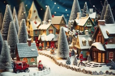 Miniature Christmas Village Display With Snow Covered Houses