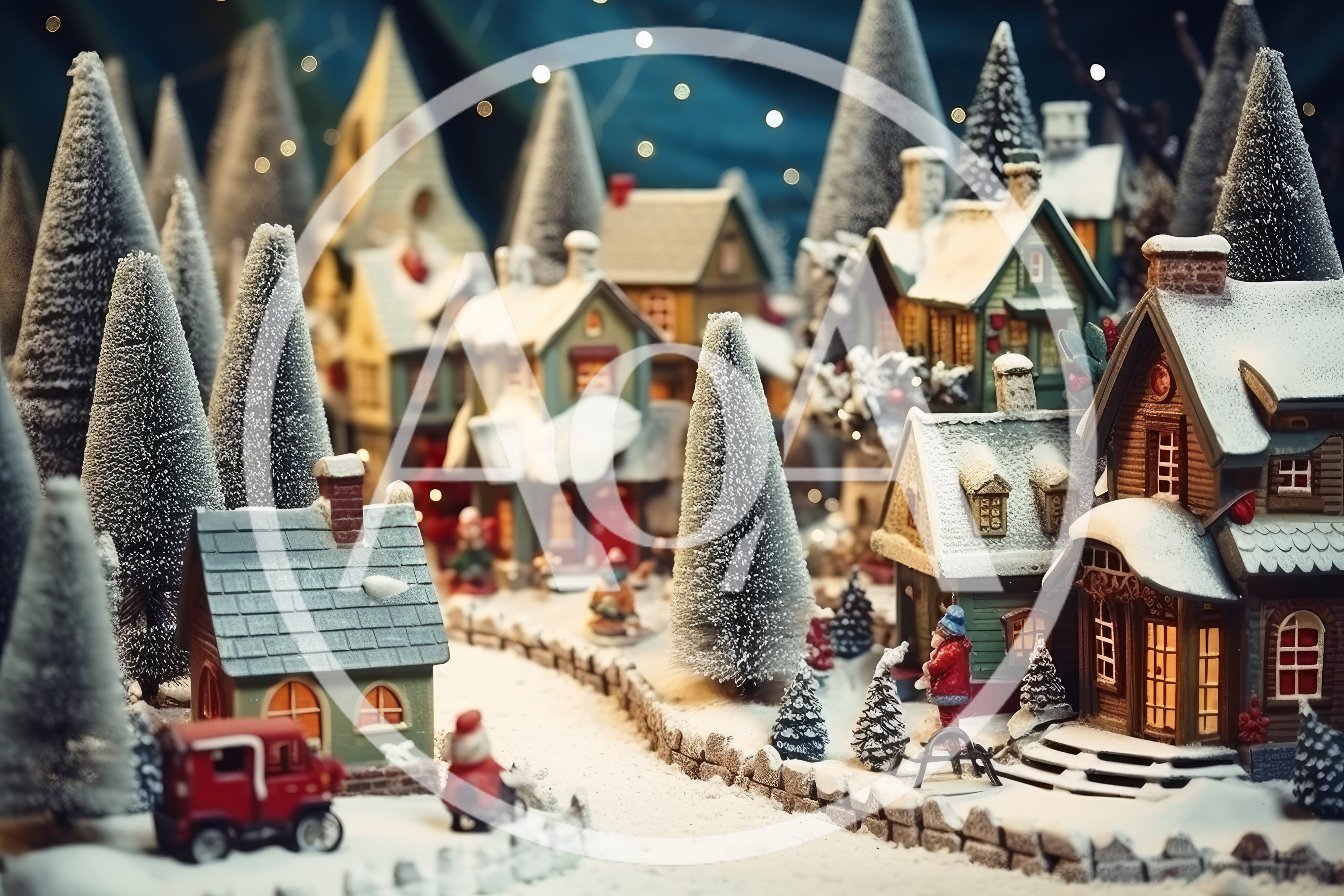 Miniature Christmas Village Display With Snow Covered Houses