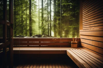 Modern Wooden Sauna Interior With Forest View