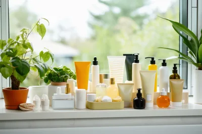 Assorted Skincare Products Arranged On A Sunny Windowsill