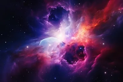 Abstract Cosmic Nebula With Glowing Planet In Space