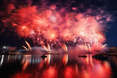 Vibrant Red Fireworks Display Over Sydney Harbour Bridge