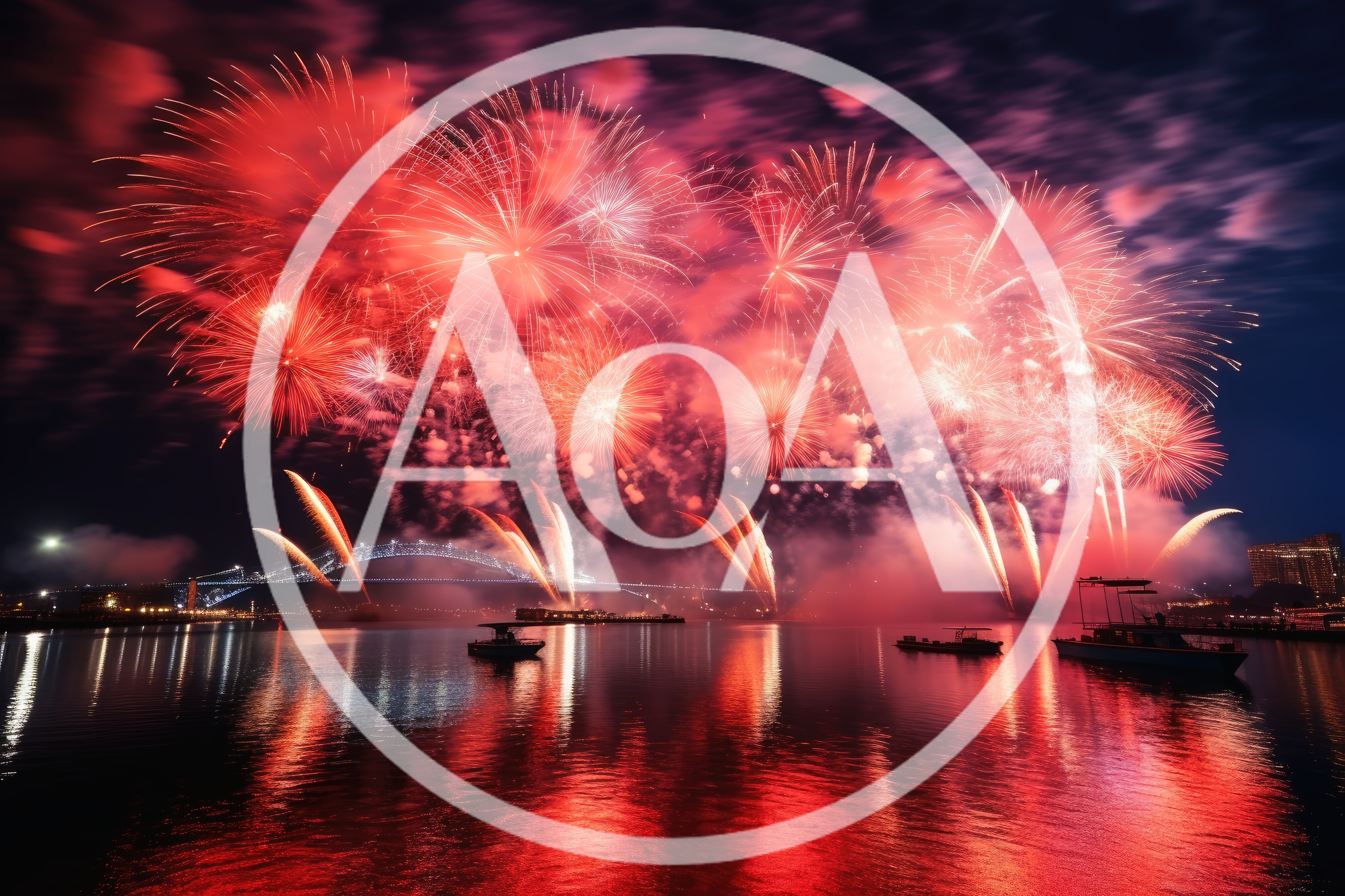 Vibrant Red Fireworks Display Over Sydney Harbour Bridge