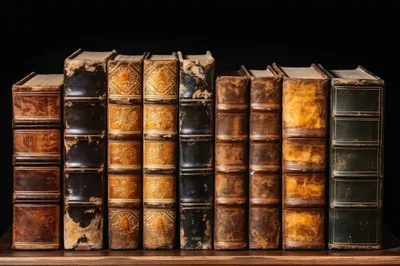 Row Of Antique Leather Bound Books On Wooden Shelf