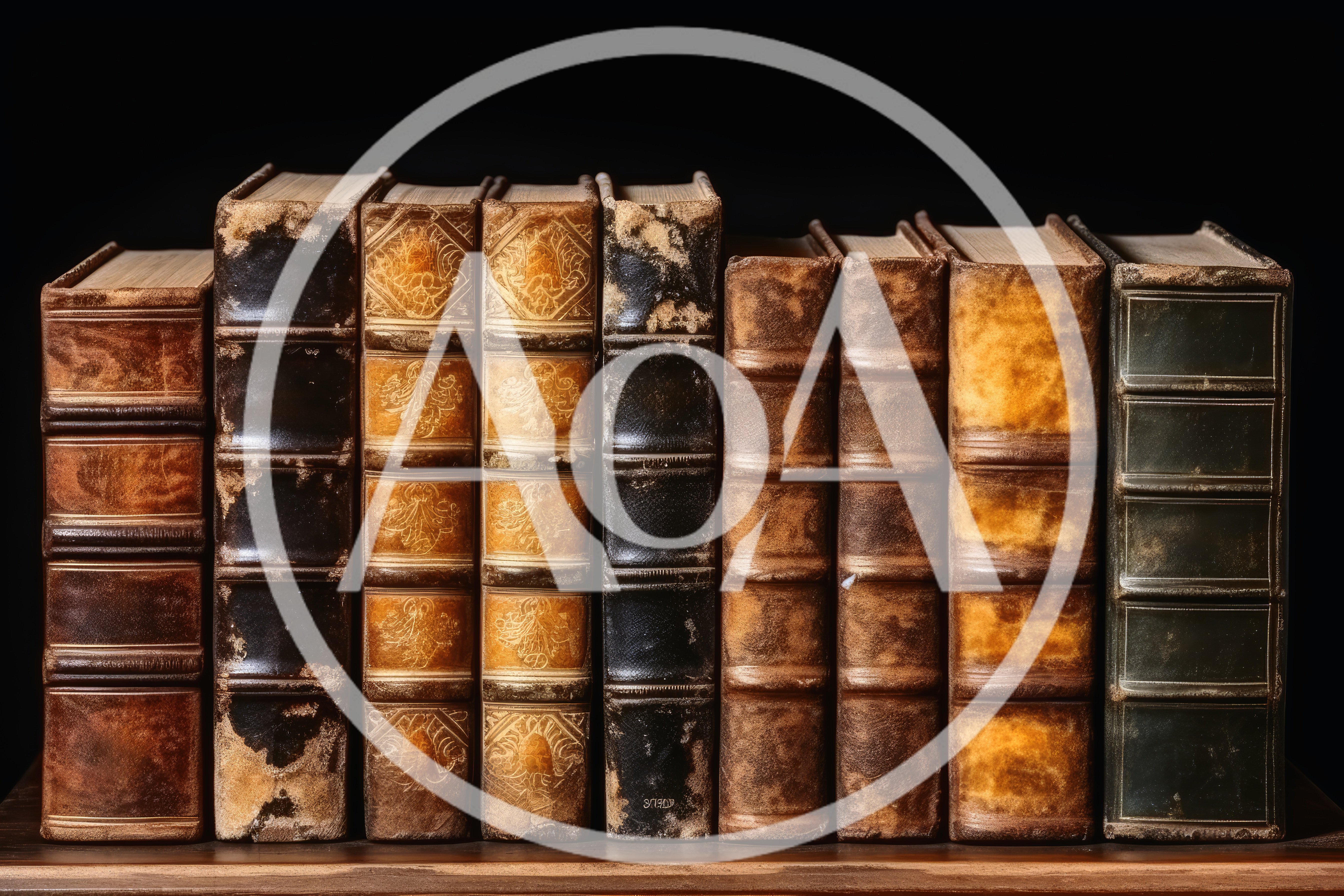 Row Of Antique Leather Bound Books On Wooden Shelf