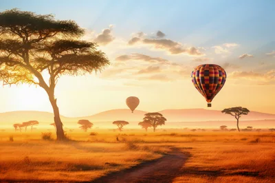 Hot Air Balloons Over The African Savannah At Sunrise
