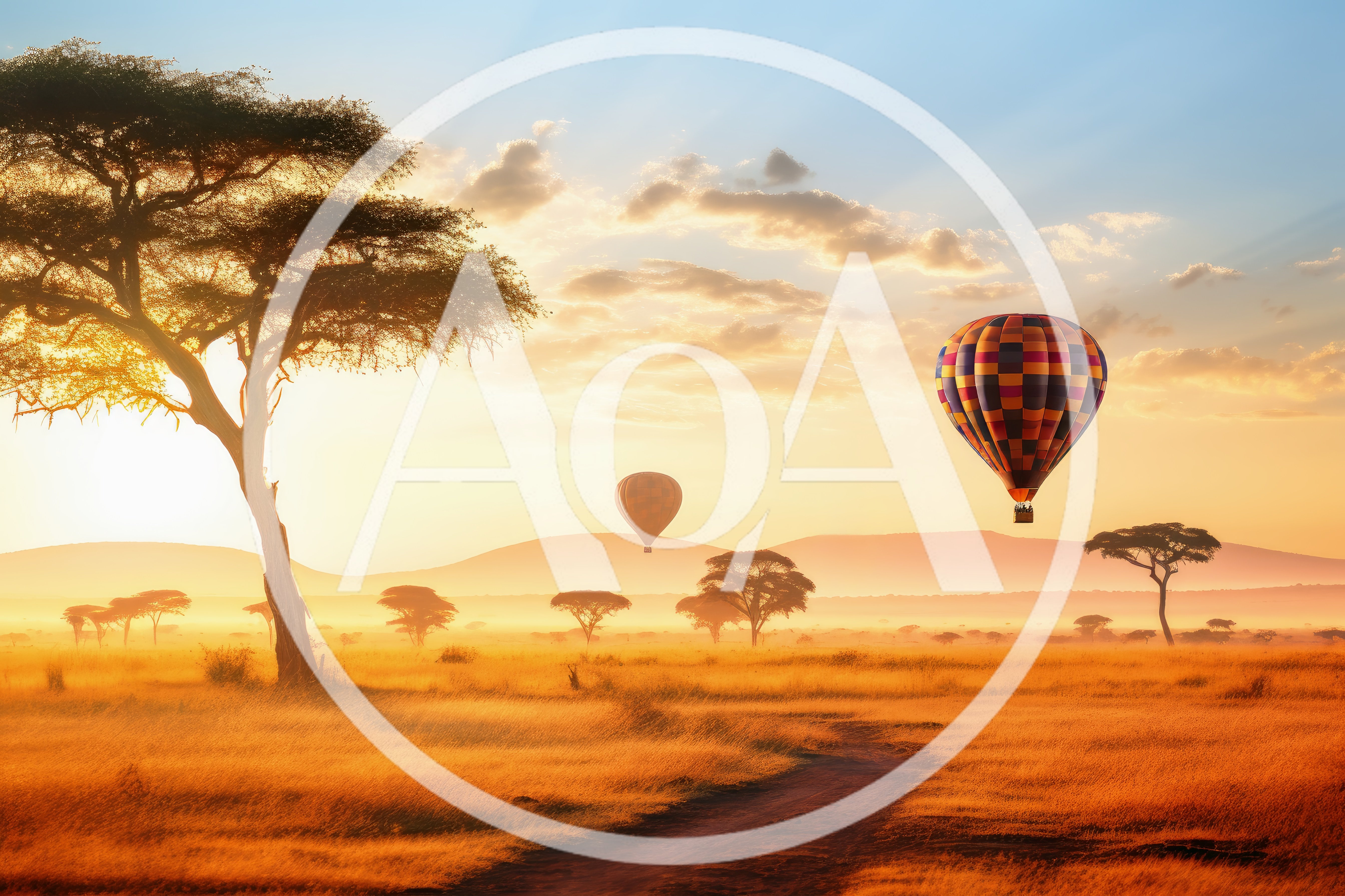 Hot Air Balloons Over The African Savannah At Sunrise