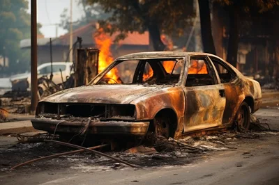 Burnt Out Car Wreckage After A Wildfire