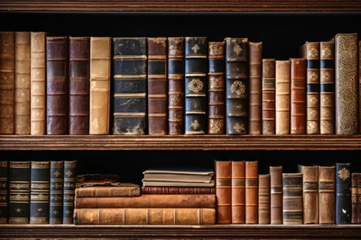 Antique Leather Bound Books On Wooden Library Shelves