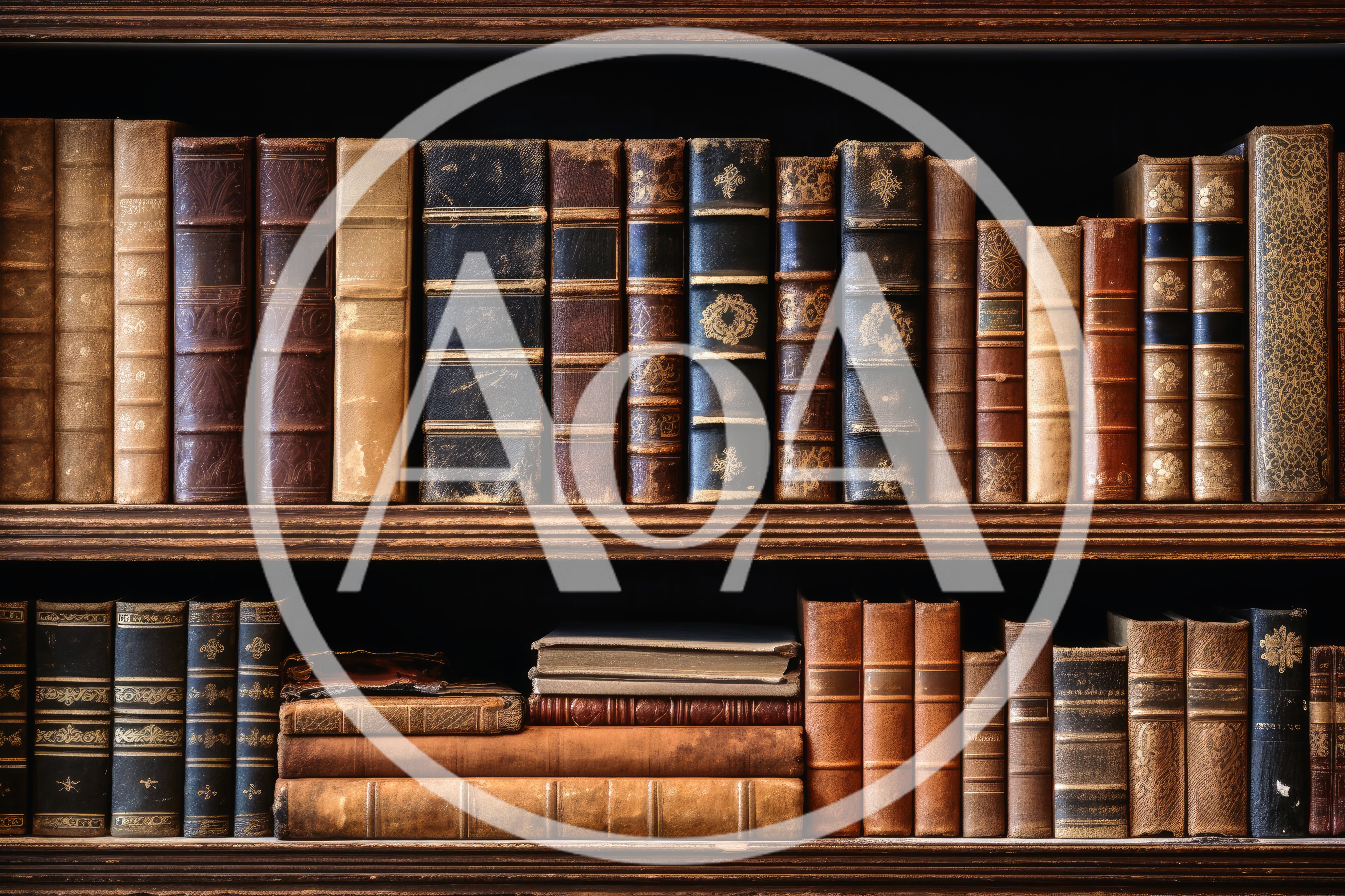 Antique Leather Bound Books On Wooden Library Shelves