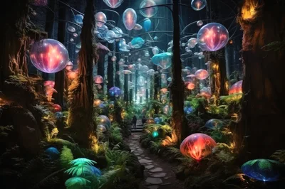 Enchanted Forest Path With Glowing Bioluminescent Orbs