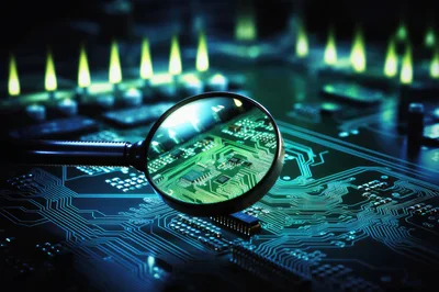 Magnifying Glass Examining A Complex Computer Circuit Board