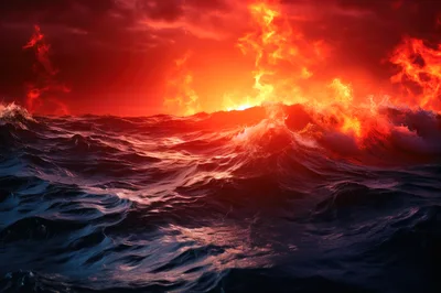 Surreal Ocean Waves Under A Fiery Burning Sky