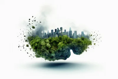 Floating Island With Cityscape And Lush Greenery