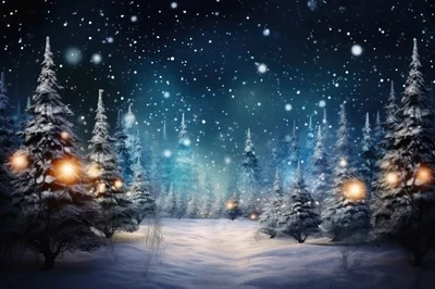 Enchanted Snowy Forest With Glowing Lights At Night