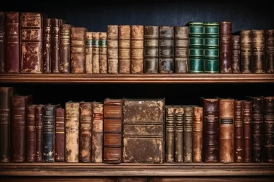 Antique Leather Bound Books On Wooden Library Shelves