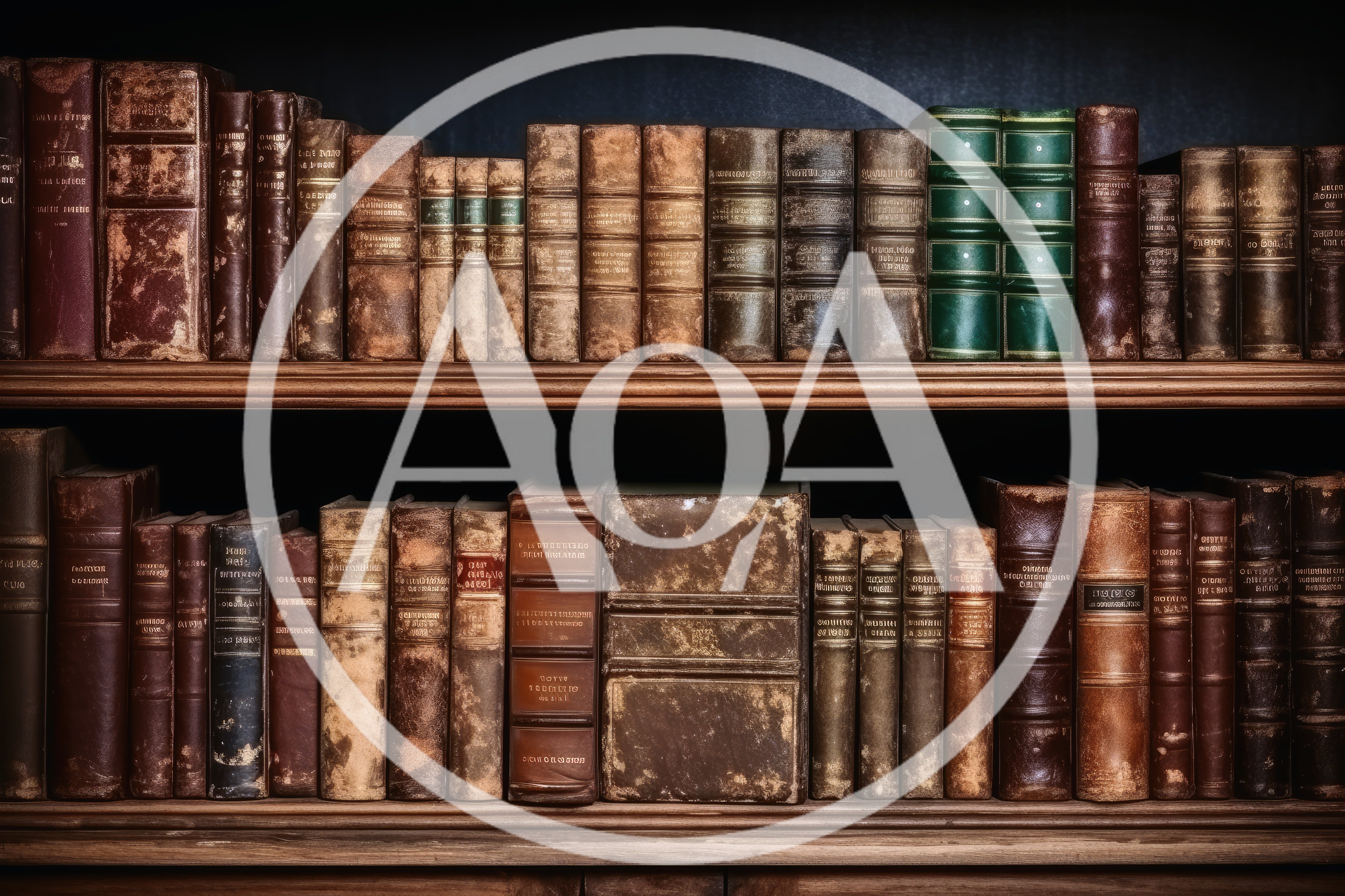 Antique Leather Bound Books On Wooden Library Shelves