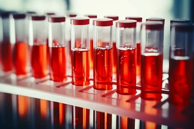 Laboratory Test Tubes Filled With Red Liquid Samples