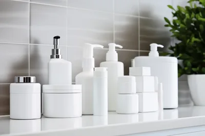 Collection Of White Cosmetic Bottles On Bathroom Counter