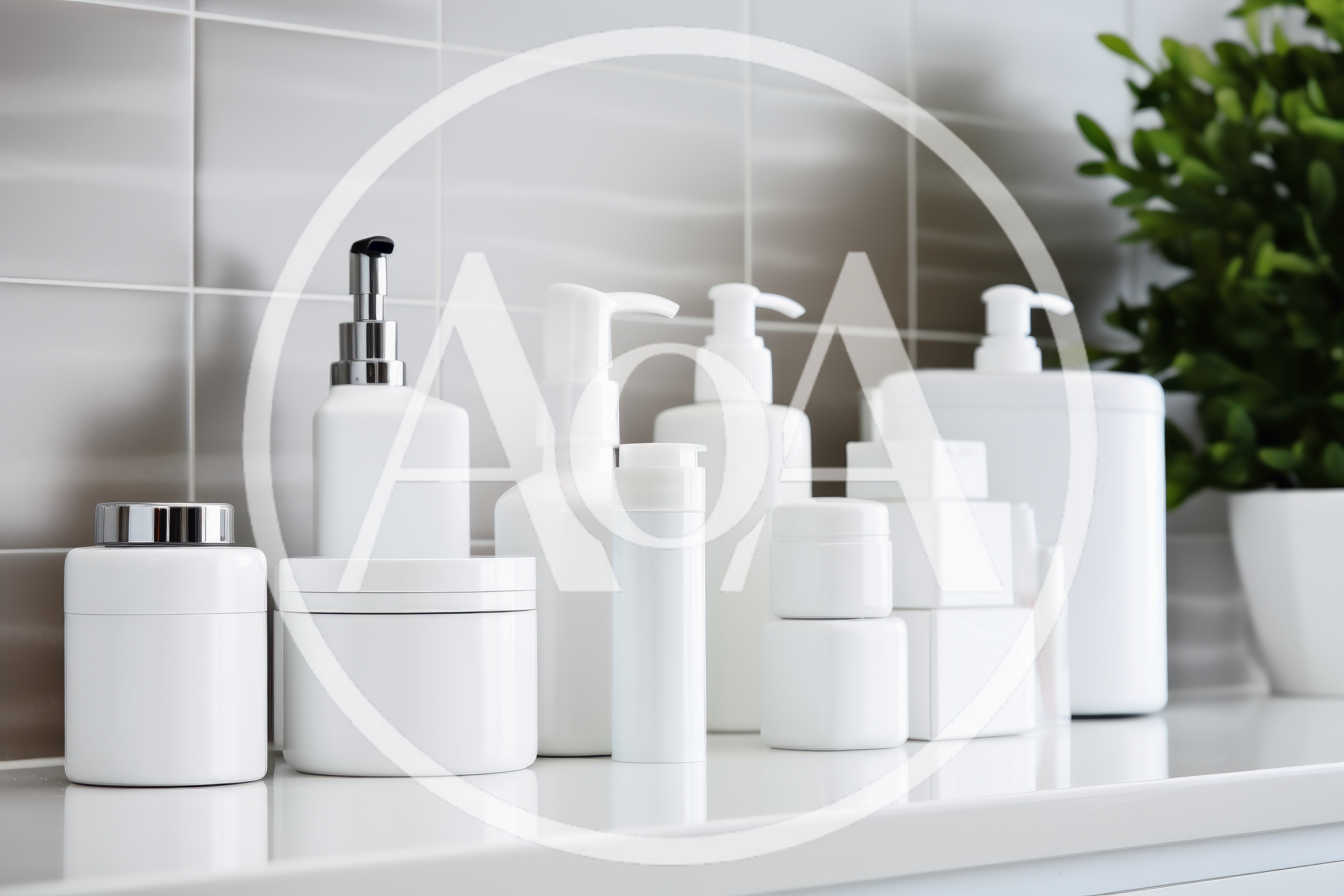 Collection Of White Cosmetic Bottles On Bathroom Counter