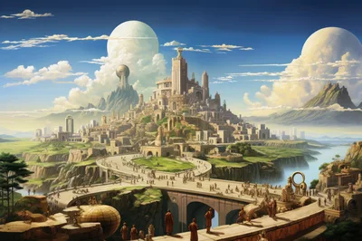 Fantasy Cityscape With Ancient Architecture And Two Moons