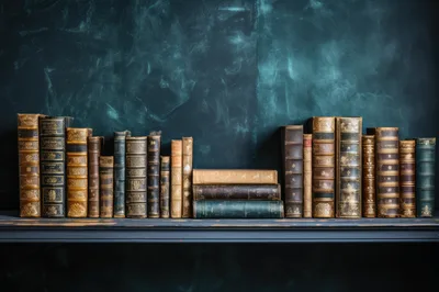 Antique Leather Bound Books On A Dark Shelf